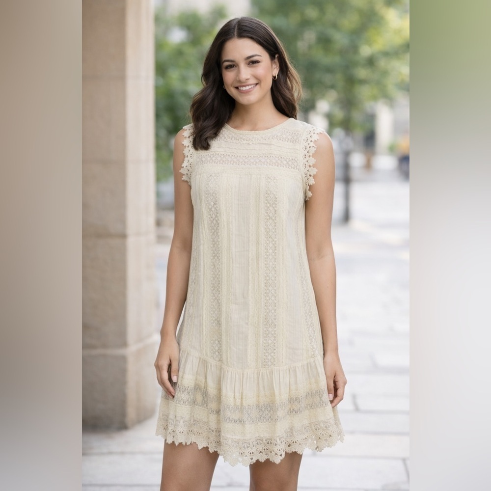 Love Sam Anthropologie Lace Ruffle Embroidery Dress Ivory Lined Sleeveless S